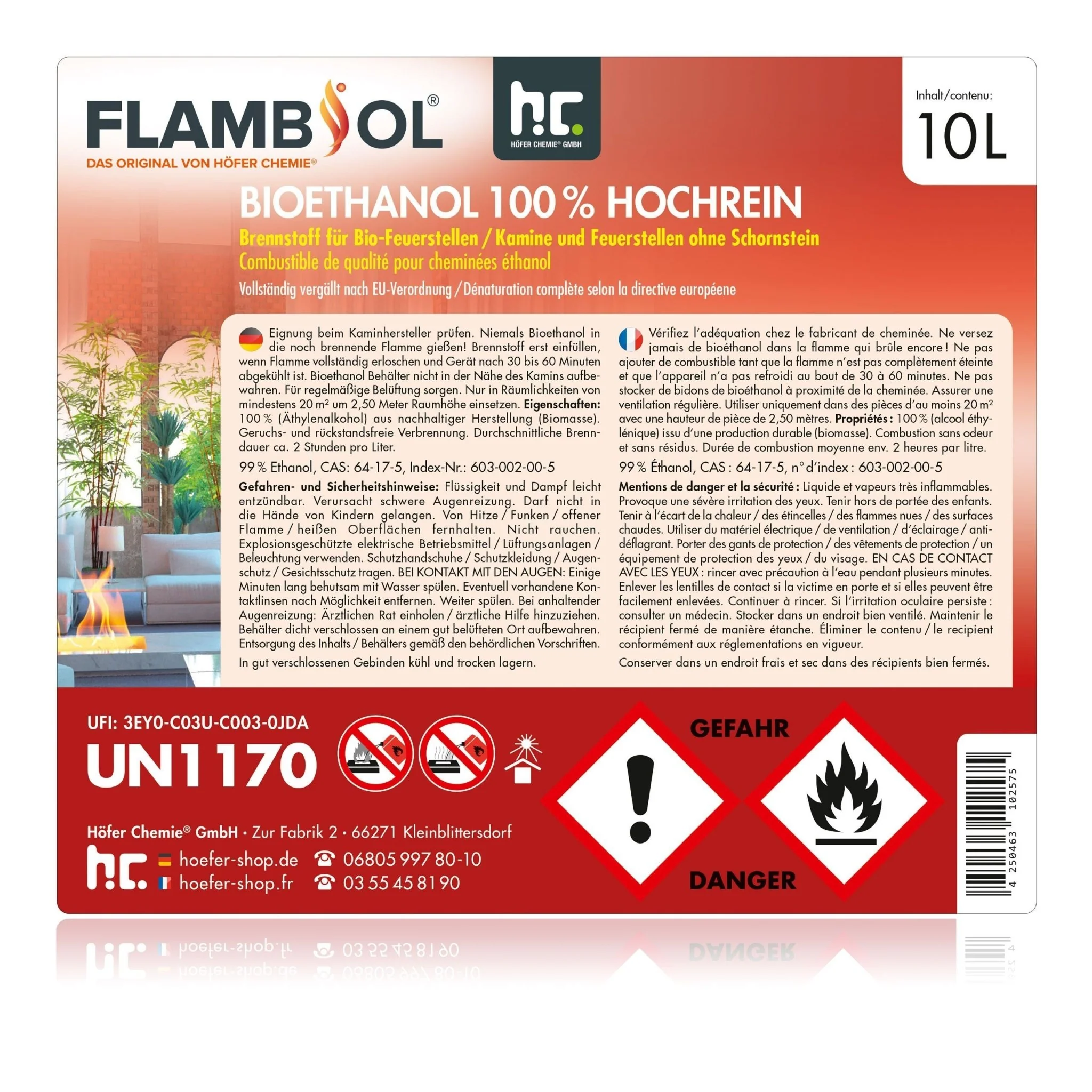 10 L FLAMBIOL® Bioethanol 100% Hochrein in Kanister - Image 4