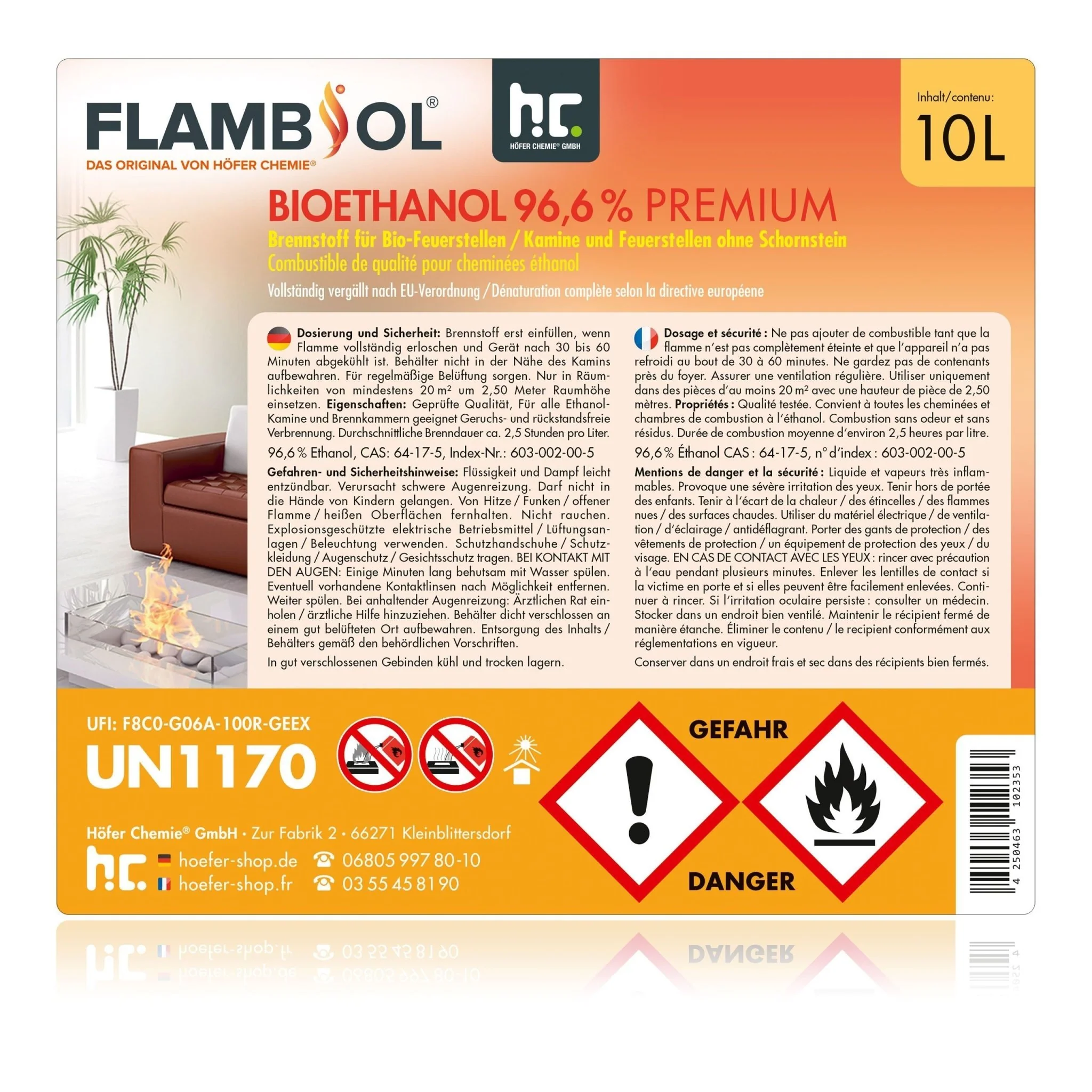 10 L FLAMBIOL® Bioethanol 96,6% Premium für Ethanolkamin in Kanistern - Image 9